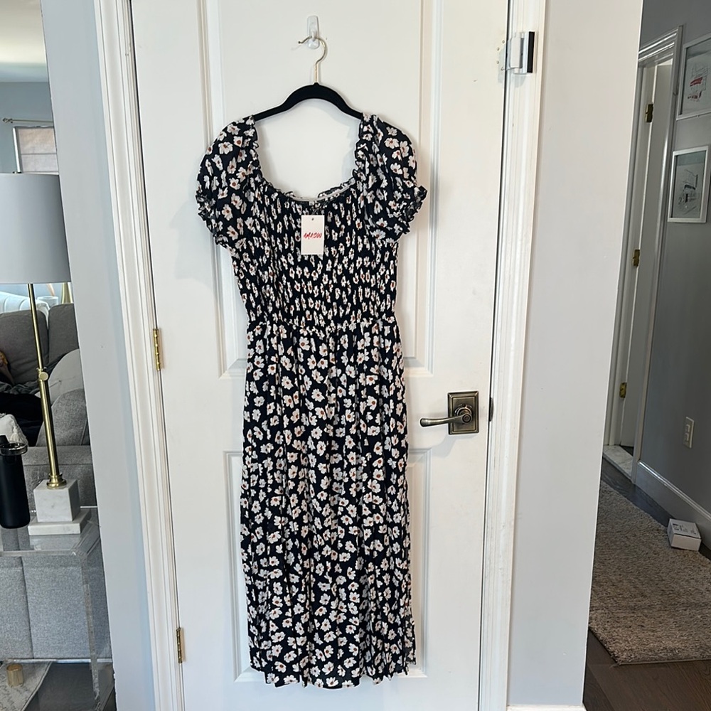 Floral Black and White Midi Dress